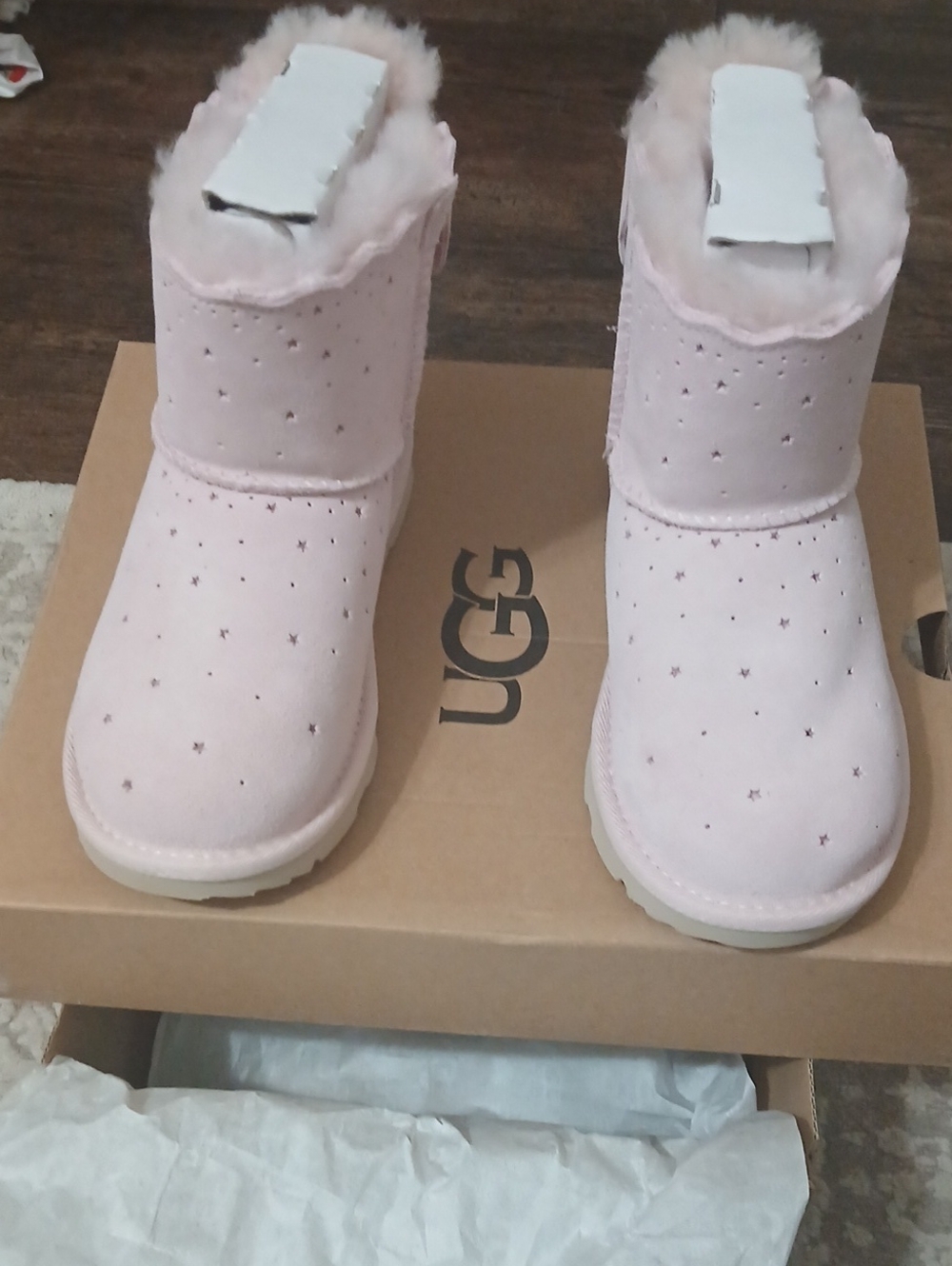 UGG Light Pink Bow Mini Boots with Sparkle Studs - Picture 3 of 5